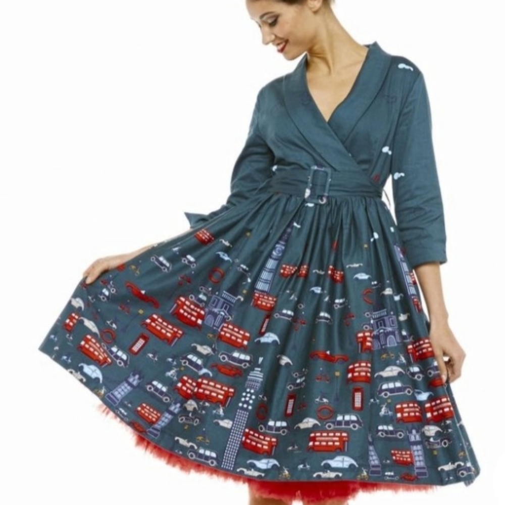 Lindy Bop Blue and Red Vintage Print Dress